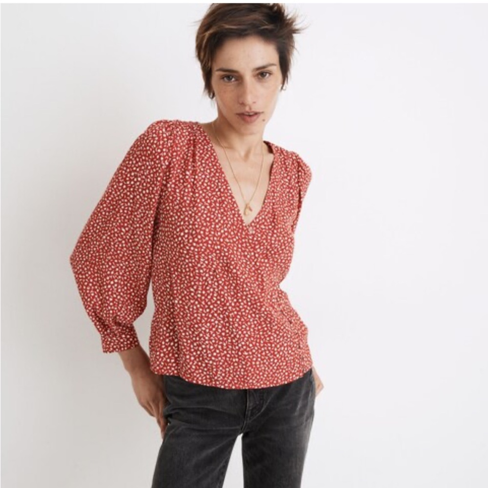 Red & White Floral Side-Button Wrap Top by Madewell